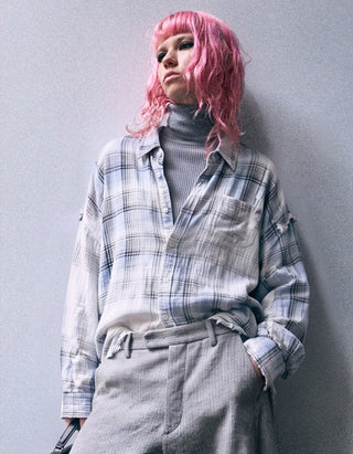 Kariertes Oversize-Hemd Shredded Seam Drop Neck
