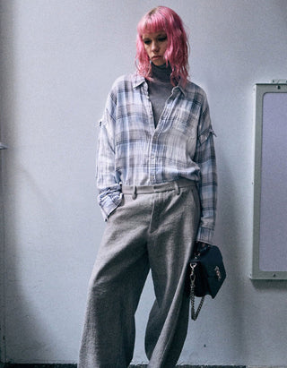 Kariertes Oversize-Hemd Shredded Seam Drop Neck