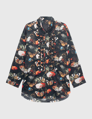 Gemustertes Oversize-Hemd Drop Neck Ruffle