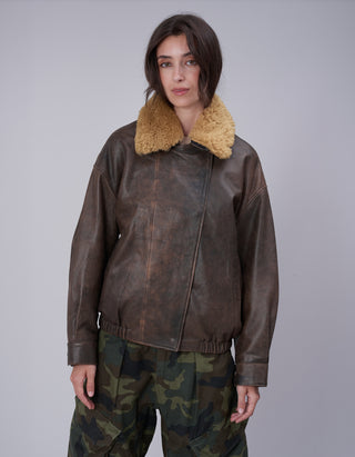 Lammleder-Bomberjacke mit abnehmbarem Shearling-Kragen