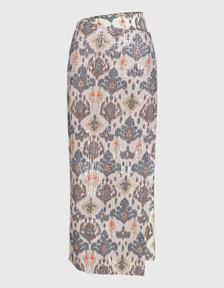 Gemusterter Wickel-Midi-Rock mit Pailletten-Verzierung