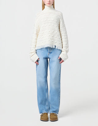 Woll-Kaschmir Zopfstrickpullover Crop Cable mit Fransen