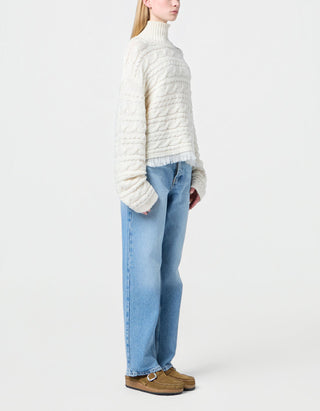 Woll-Kaschmir Zopfstrickpullover Crop Cable mit Fransen