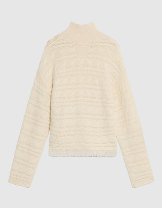 Woll-Kaschmir Zopfstrickpullover Crop Cable mit Fransen