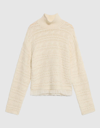 Woll-Kaschmir Zopfstrickpullover Crop Cable mit Fransen