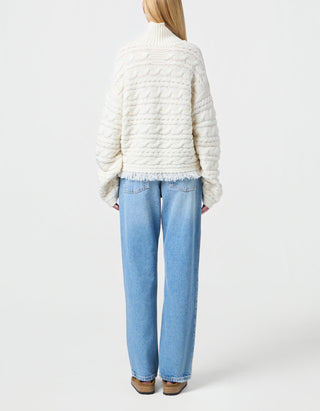 Woll-Kaschmir Zopfstrickpullover Crop Cable mit Fransen