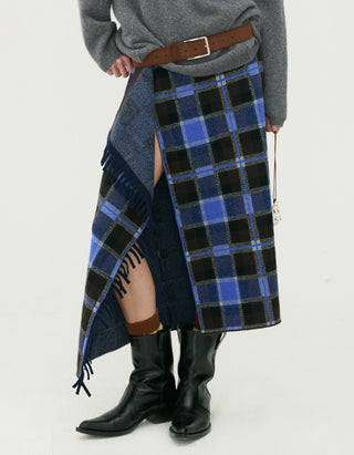 Wolle-Kaschmir Midi-Rock Tartan Wrap