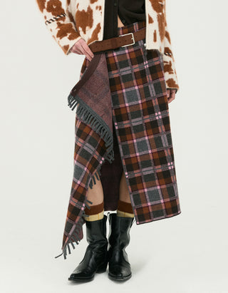 Wolle-Kaschmir Midi-Rock Tartan Wrap