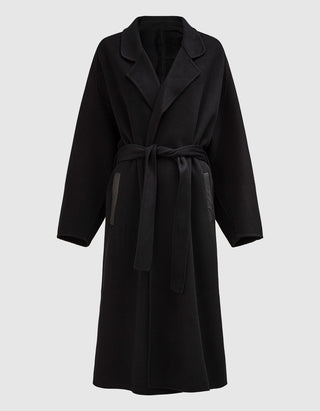 Woll-Kaschmir-Mantel mit Bindegürtel und Leder-Details
