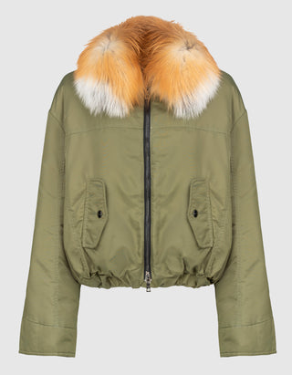 Cropped Bomber-Jacke mit abnehmbaren Fell-Kragen